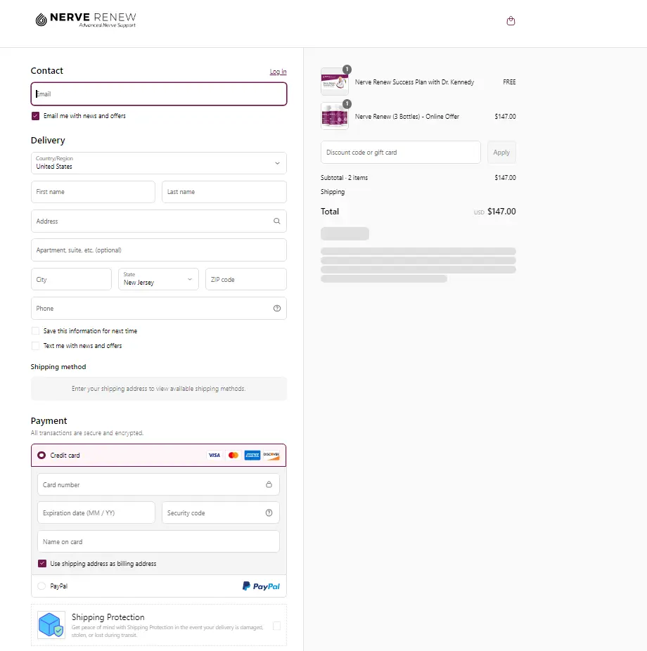 Nerve Renew order page